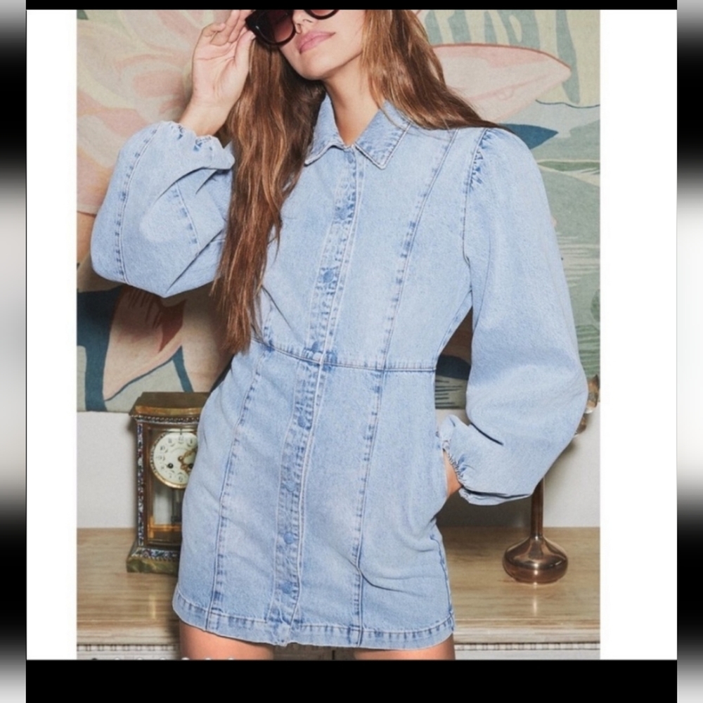 Free People Mia Long Puff Sleeved Button Up Light Wash Denim Mini Dress Size S